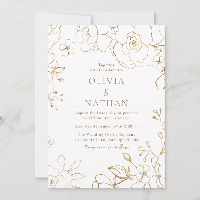 Gold Floral Elegant White Wedding Invitation (Front)