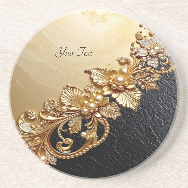 Gold Floral Embellishments Sandstone Coaster (Front)