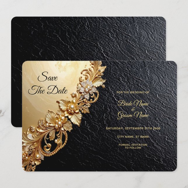 Gold floral embellishments Save The Date (Front/Back)