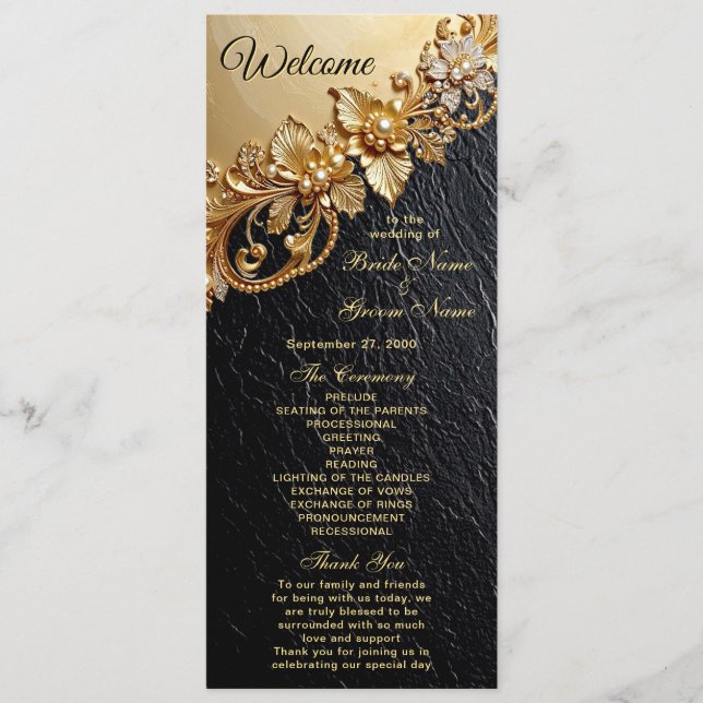 Gold Floral Embellishments Wedding Program Programme (Front)
