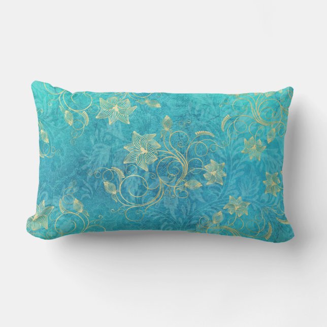 Gold Floral Filigree on Turquoise Lumbar Cushion (Front)