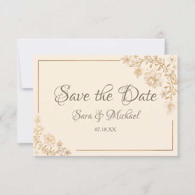 Gold Floral flourish Save the Date Card (Front)
