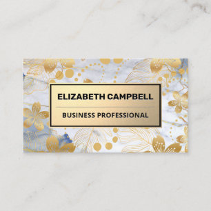 Gold Floral Foil Pattern Blue Marble Texture Business Card