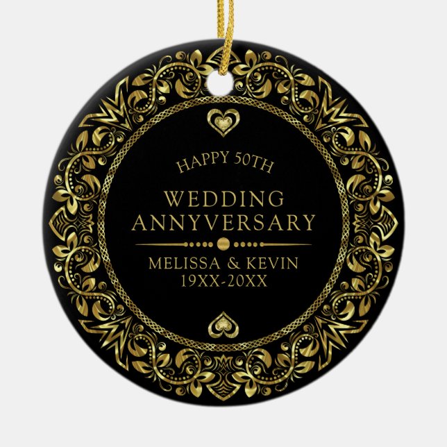Gold floral frame 50th wedding anniversary ceramic tree decoration (Front)