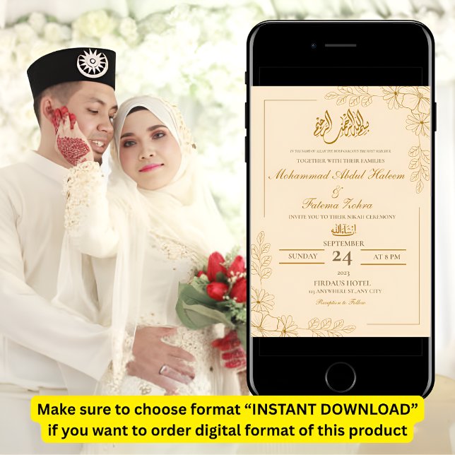 Gold Floral Frame Elegant White Paper Modern Nikah Invitation (Creator Uploaded)