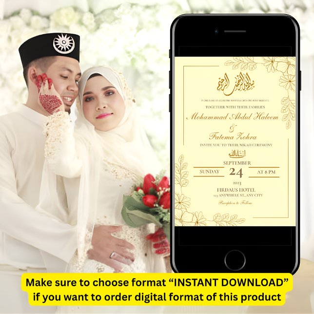 Gold Floral Frame Elegant White Paper Modern Nikah Invitation (Creator Uploaded)