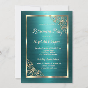 Gold Floral Frame Green Metallic Retirement Invitation