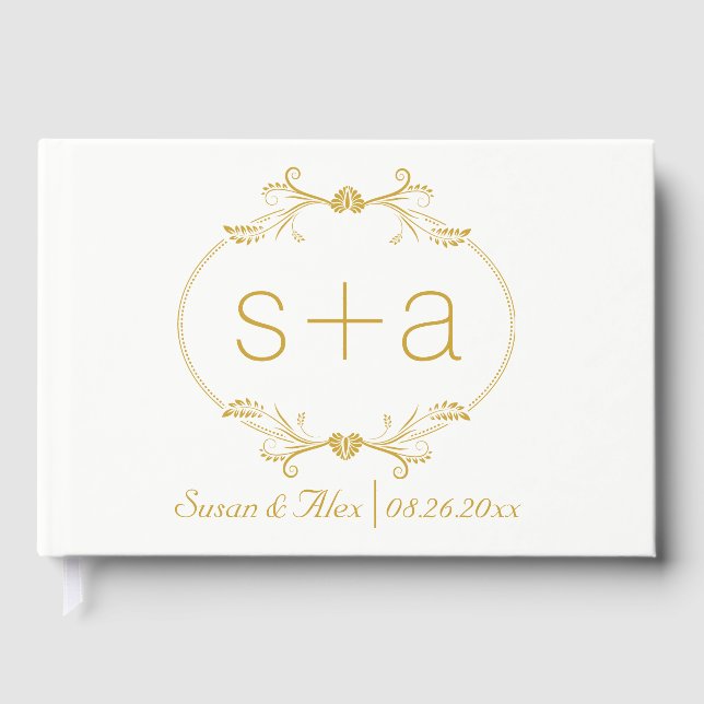 Gold floral frame initials wedding guest book (Front)