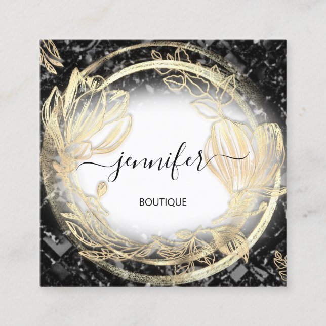 Gold Floral Frame QRCode Logo Black Abstarct Square Business Card (Front)