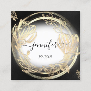 Gold Floral Frame QRCode Logo Black White Square Business Card