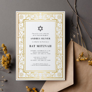 Gold Floral Frame Star of David Bar Bat Mitzvah Invitation