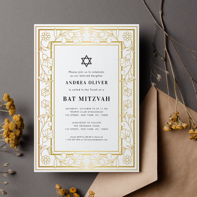 Gold Floral Frame Star of David Bar Bat Mitzvah Invitation (Creator Uploaded)