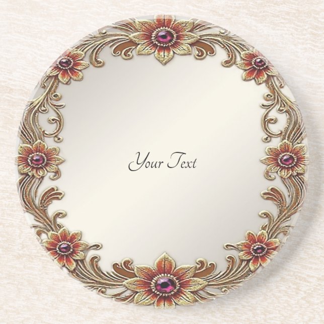 Gold Floral Frame with Red Stone Sandstone Coaster (Front)