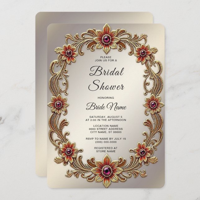 Gold Floral Frame with Red Stones Bridal Shower Invitation (Front/Back)