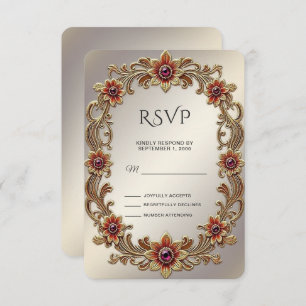 Gold Floral Frame with Red Stones RSVP Card