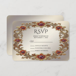 Gold Floral Frame with Red Stones RSVP Card