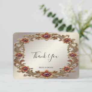 Gold Floral Frame with Red Stones Thank You Card