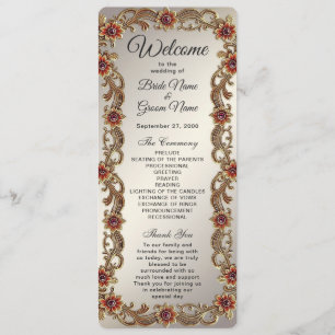 Gold Floral Frame with Red Stones Wedding Program Programme