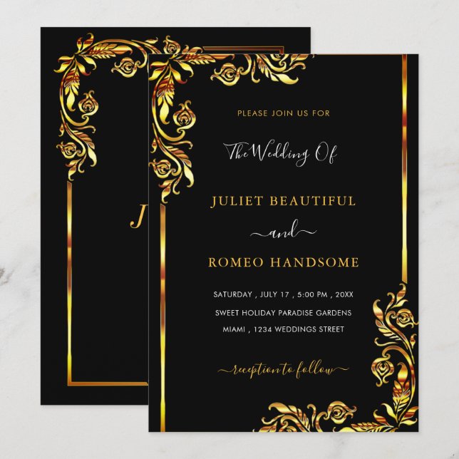 Gold Floral Framed Black Luxury Wedding Invitation (Front/Back)