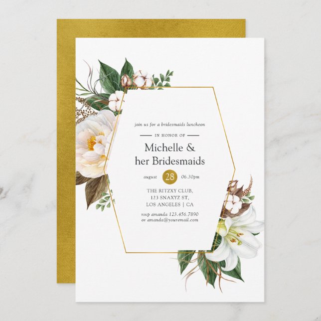 Gold Floral Geometric Bridesmaids Luncheon Invitation (Front/Back)