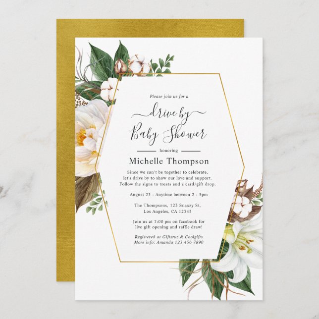 Gold Floral Geometric Drive By Shower Invitation (Front/Back)