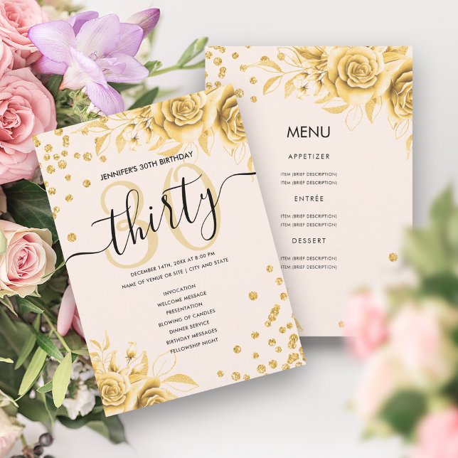 Gold Floral Glitter 30th Birthday Menu & Programs Invitation (Gold Floral Glitter 30th Birthday Menu & Programs)