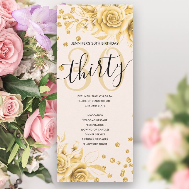 Gold Floral Glitter 30th Birthday Programs Invitation (Gold Floral Glitter 30th Birthday Programs)