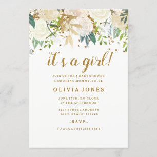 Gold Floral Glitter Girl Baby Shower Invitation