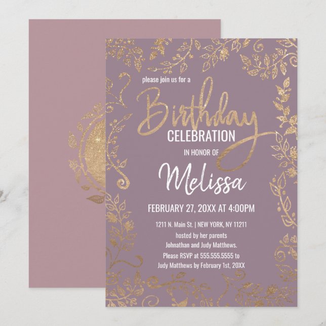 Gold Floral Glitter Ombre Mauve Lilac Birthday Invitation (Front/Back)