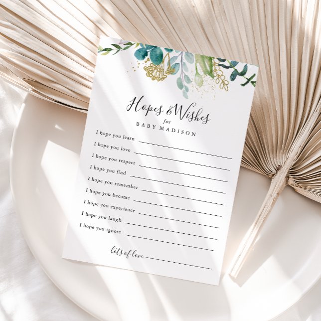 Gold Floral Green Baby Shower Hopes & Wishes Card (Creator Uploaded)