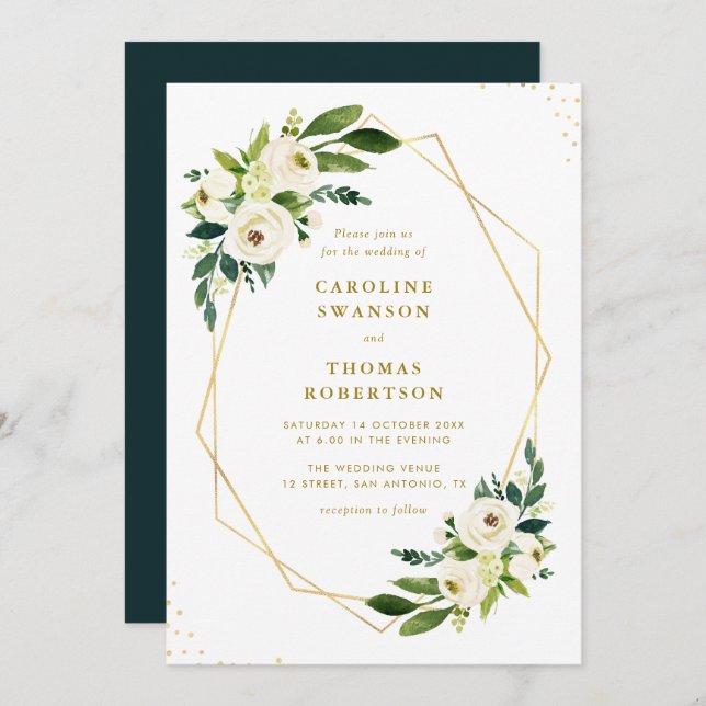 gold floral greenery wedding invitation (Front/Back)