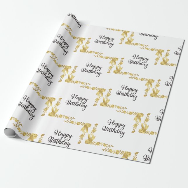 Gold Floral Happy Birthday Wrapping Paper (Unrolled)