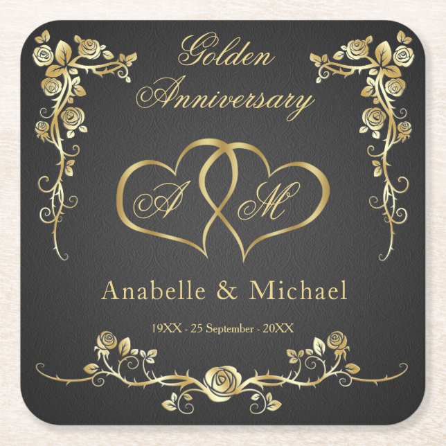 Gold Floral Hearts 50th Wedding Anniversary Square Paper Coaster (Front)