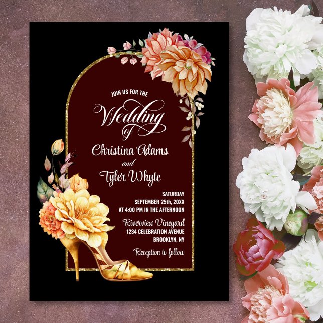 Gold Floral High Heel Black Arch Wedding  Invitation (Creator Uploaded)