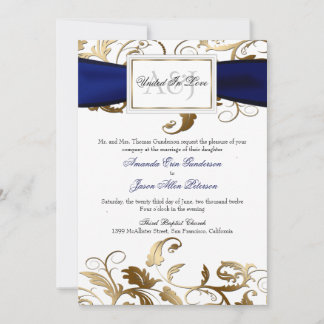 Gold Floral Invite with Navy Bow