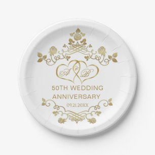 Gold Floral Joined Hearts 50 Wedding Anniversary  Paper Plate