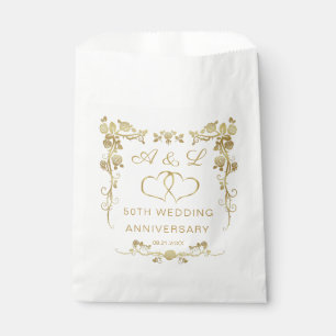 Gold Floral Joined Hearts 50th Wedding Anniversary Favour Bags