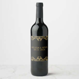 Gold Floral Lace Wedding Design Wine Label