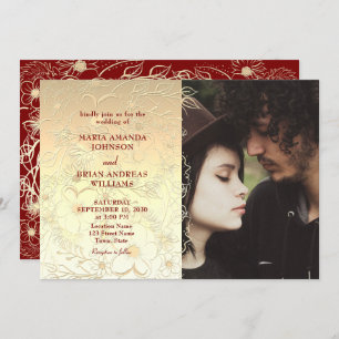 Gold Floral Lace Wedding Photo Invitation