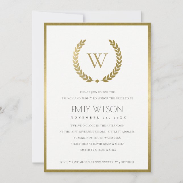 GOLD FLORAL LAUREL WREATH BRUNCH & BUBBLY INVITE (Front)