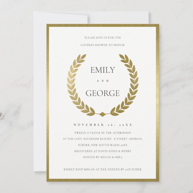 GOLD FLORAL LAUREL WREATH COUPLES SHOWER INVITE (Front)