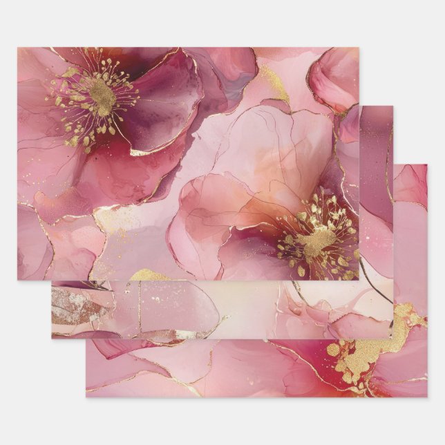 Gold Floral Leaf Blush Pink  Bridal Shower Wrapping Paper Sheet (Set)