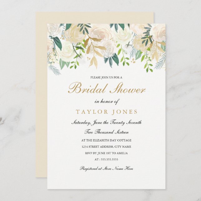 Gold Floral Leaf Bridal Shower invite (Front/Back)
