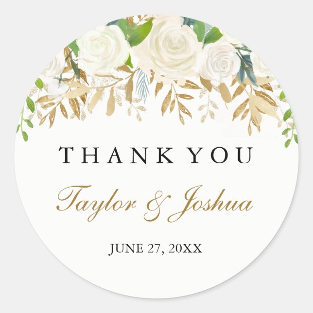 Gold Floral Leaf Thank You Wedding Sticker (Front)