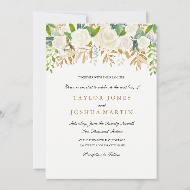 Gold Floral Leaf Watercolor Wedding Invitation (Front)