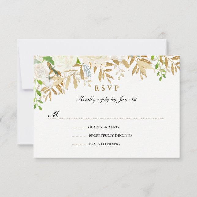 Gold Floral Leaf Watercolor Wedding RSVP Card (Front)