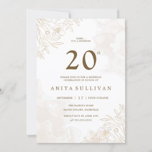 Gold Floral Leaves Border Twenty 20th Birthday Invitation