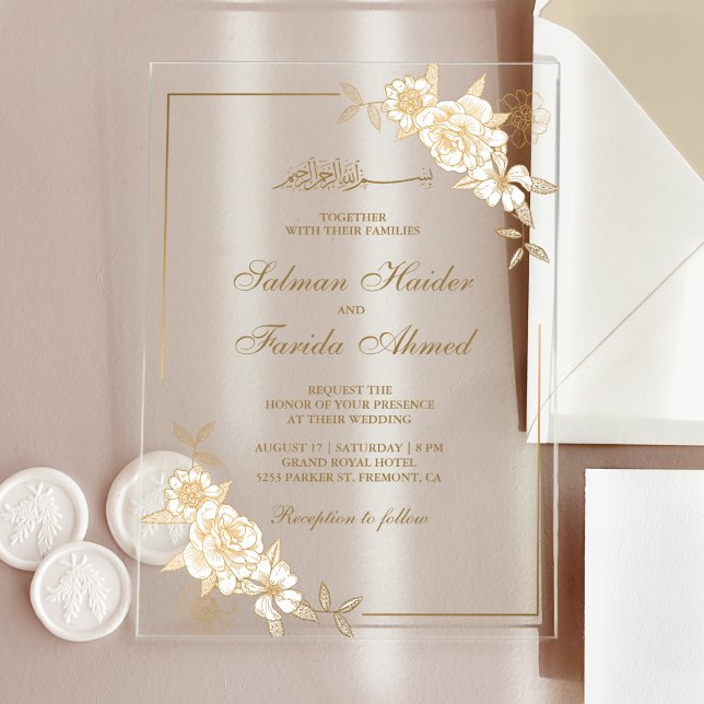 Gold Floral Leaves Branch Muslim Wedding Acrylic Invitations (Creator Uploaded)
