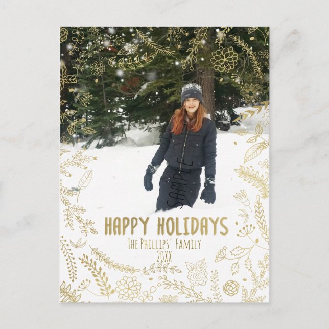 Gold Floral Leaves Rustic Christmas Holiday Photo (Front)