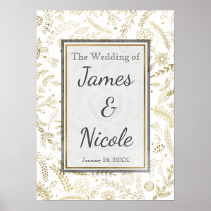 Gold Floral Leaves Rustic Wedding Banner Poster